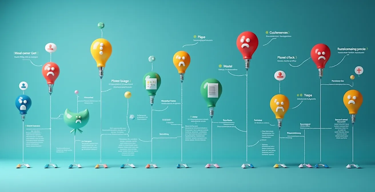 Carte illustrée du parcours client avec des flèches colorées montrant les transitions émotionnelles entre incertitude, confiance et satisfaction.