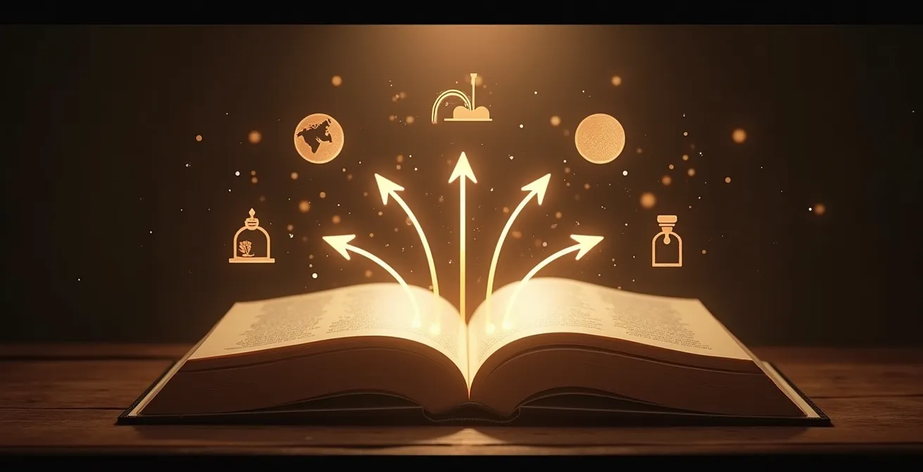 Un livre ouvert illustré avec des symboles sonores, olfactifs et tactiles entourés de flèches symbolisant l’évolution et la cohérence dans le temps.