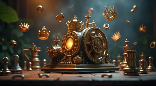 Représentation conceptuelle d'une machine de contenu marketing avec des éléments de royauté symbolisant la stratégie et l'attraction des clients idéaux