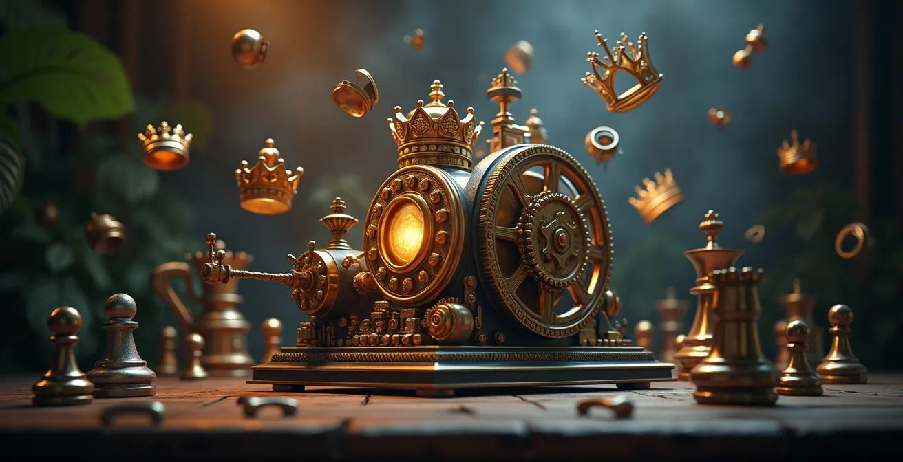 Représentation conceptuelle d'une machine de contenu marketing avec des éléments de royauté symbolisant la stratégie et l'attraction des clients idéaux