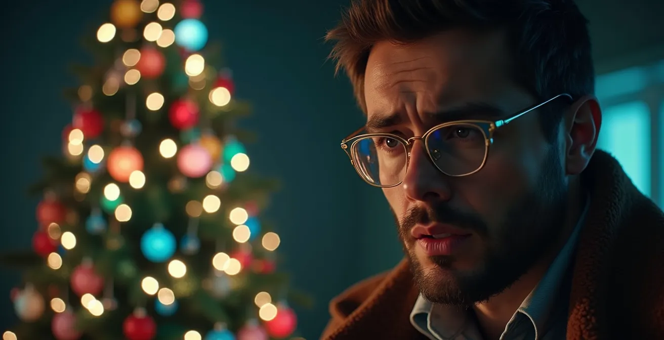 Illustration symbolique d'un sapin de Noël surchargé de liens d'achat avec un consommateur débordé