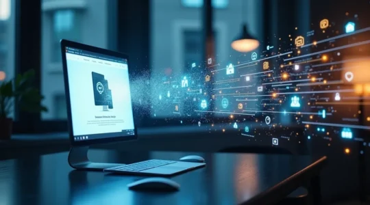 Image symbolique d'une fiche produit digitale transformée en machine à vendre dynamique avec des icônes marketing et visuels attrayants