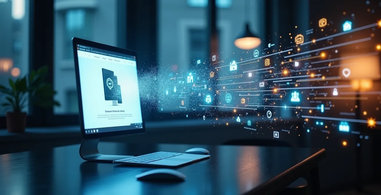 Image symbolique d'une fiche produit digitale transformée en machine à vendre dynamique avec des icônes marketing et visuels attrayants