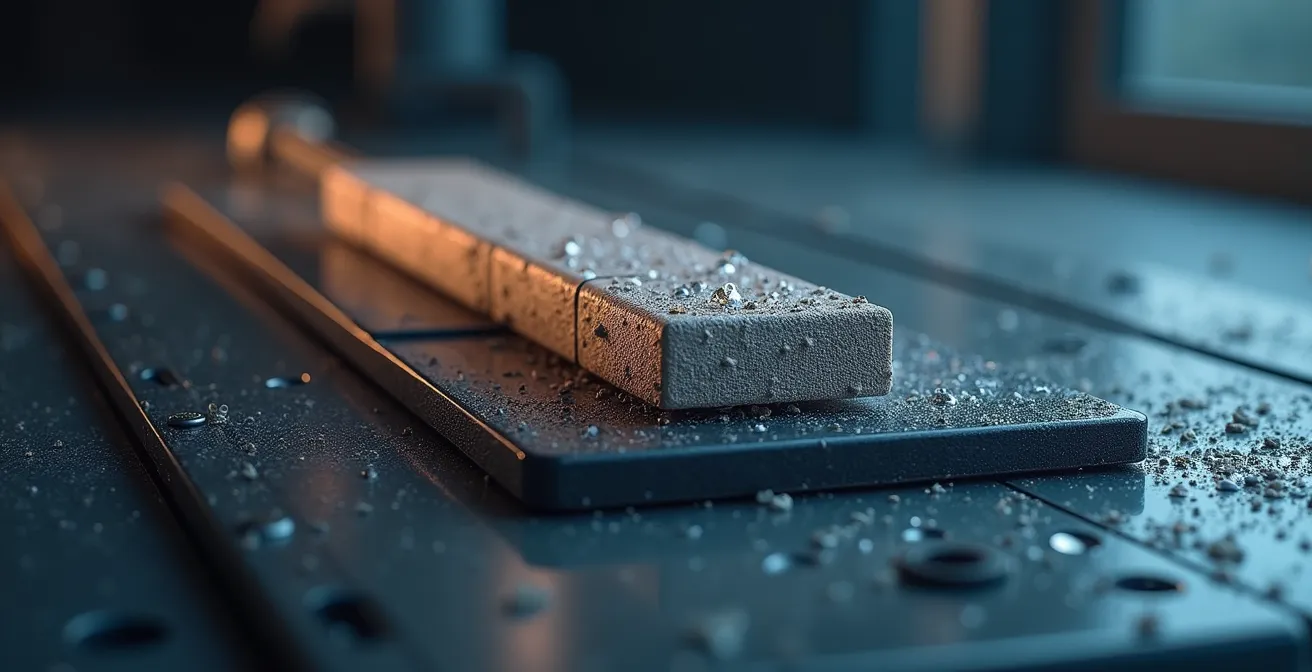 Démonstration technique de focus stacking en macro-photographie montrant la netteté parfaite sur une surface texturée de matériau