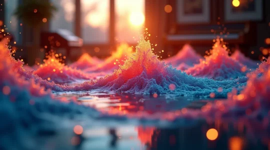 Une composition visuelle symbolisant l'identité sonore d'une marque avec des ondes sonores colorées, des instruments de musique et des éléments digitaux évoquant la connexion émotionnelle et multisensorielle.