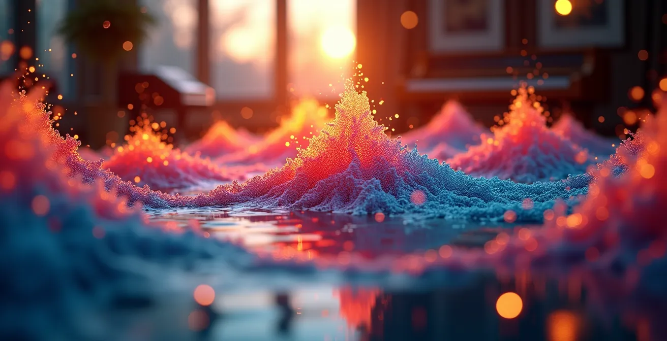 Une composition visuelle symbolisant l'identité sonore d'une marque avec des ondes sonores colorées, des instruments de musique et des éléments digitaux évoquant la connexion émotionnelle et multisensorielle.