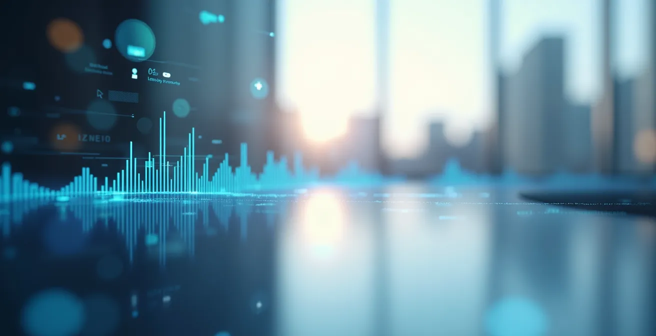 Un logo sonore stylisé avec des ondes sonores se dissipant doucement dans un paysage digital, symbolisant l’empreinte sonore qui persiste après la fin du son.