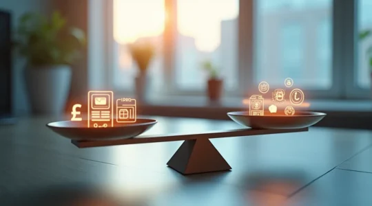 Illustration symbolique montrant une balance avec différents leviers marketing et des icônes représentant la conversion digitale.