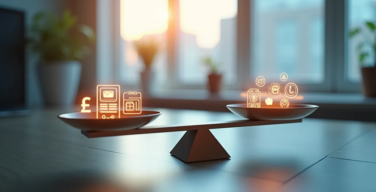Illustration symbolique montrant une balance avec différents leviers marketing et des icônes représentant la conversion digitale.
