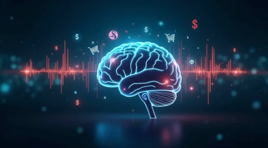 Image symbolique représentant la transformation commerciale par le son avec un cerveau humain et des ondes sonores intégrées à des icônes de commerce