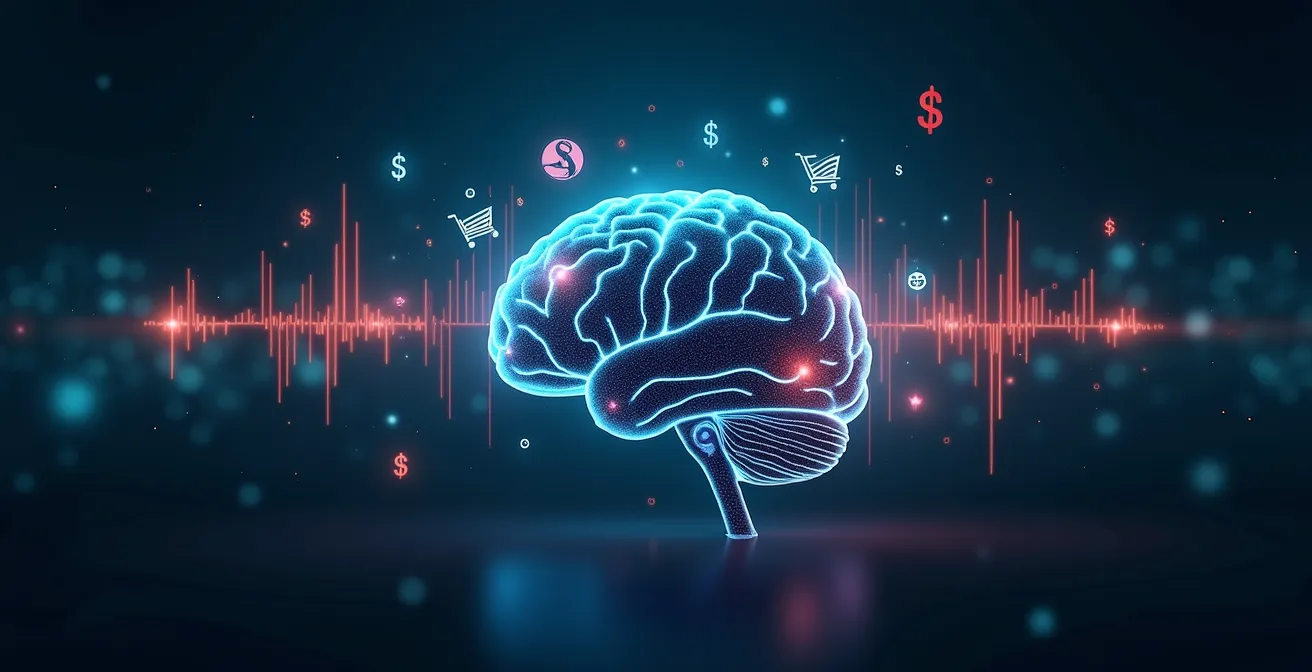 Image symbolique représentant la transformation commerciale par le son avec un cerveau humain et des ondes sonores intégrées à des icônes de commerce