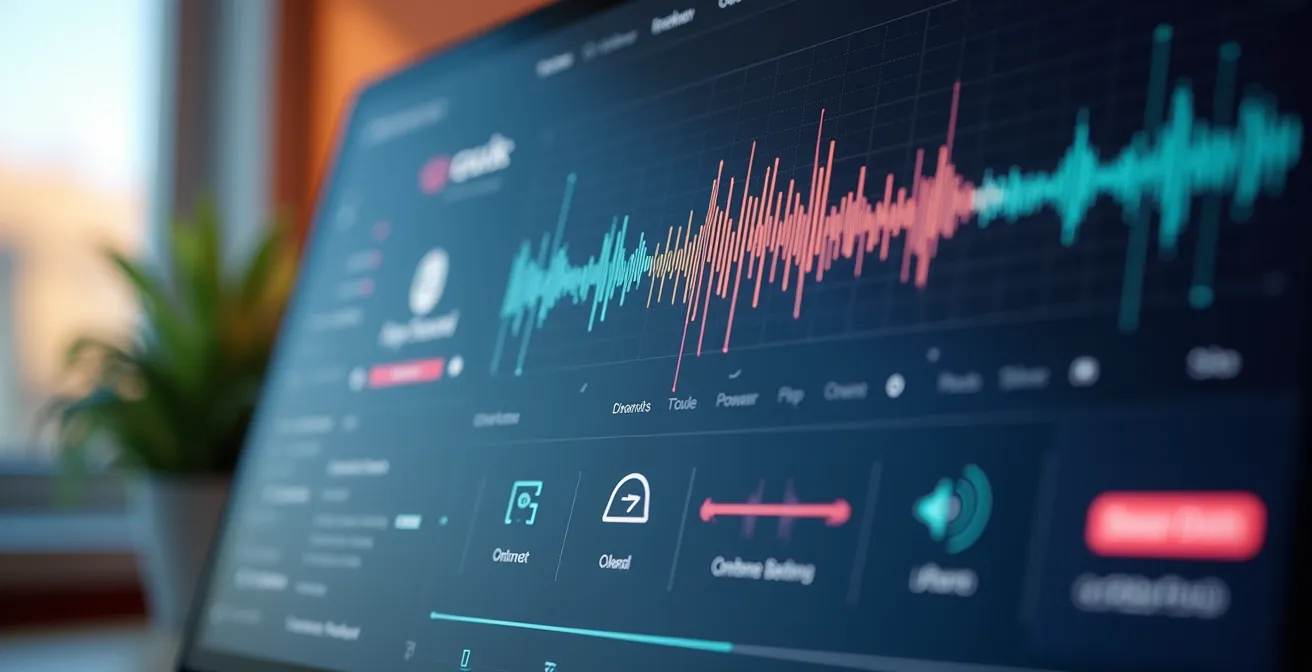 Image représentant une interface utilisateur de site e-commerce avec des éléments sonores symbolisés par des ondes et icônes auditives, mettant en valeur l'amélioration de l'expérience utilisateur
