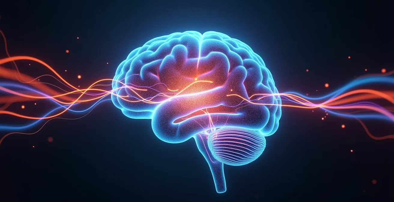 Représentation artistique du cerveau humain réagissant aux stimuli colorés avec des connexions neuronales s'illuminant