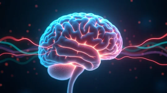 Représentation artistique du cerveau humain réagissant aux stimuli colorés avec des connexions neuronales s'illuminant
