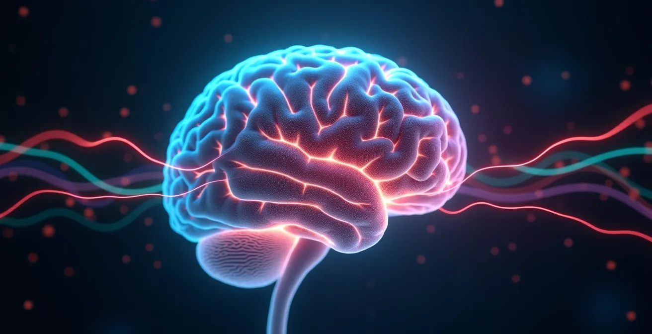Représentation artistique du cerveau humain réagissant aux stimuli colorés avec des connexions neuronales s'illuminant