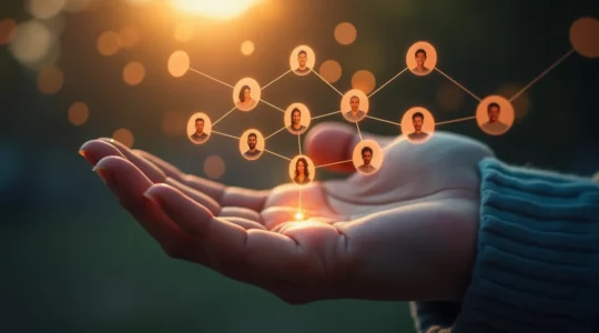 Une image symbolique représentant la fidélisation d'une audience, avec une main tenant un groupe de personnes connectées par un réseau digital