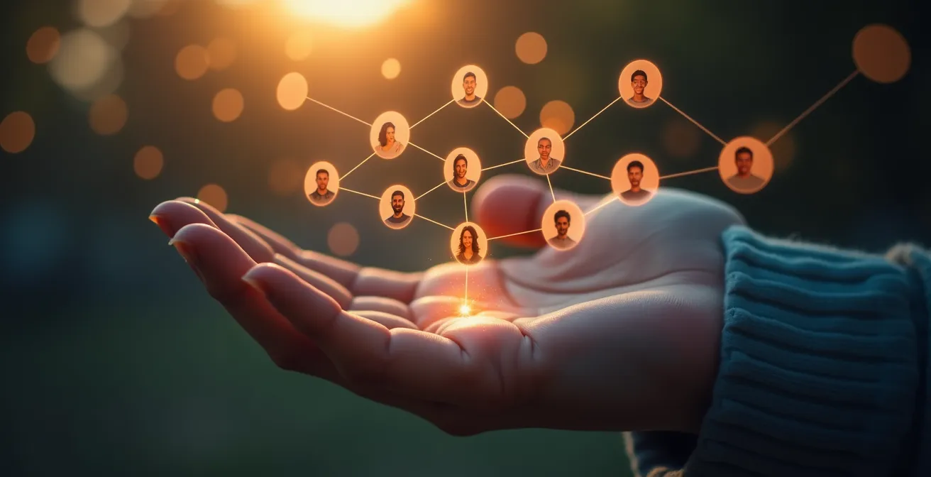 Une image symbolique représentant la fidélisation d'une audience, avec une main tenant un groupe de personnes connectées par un réseau digital
