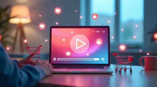 Une interface vidéo moderne avec des éléments interactifs cliquables symbolisant le passage du j'aime au j'achète en un clic