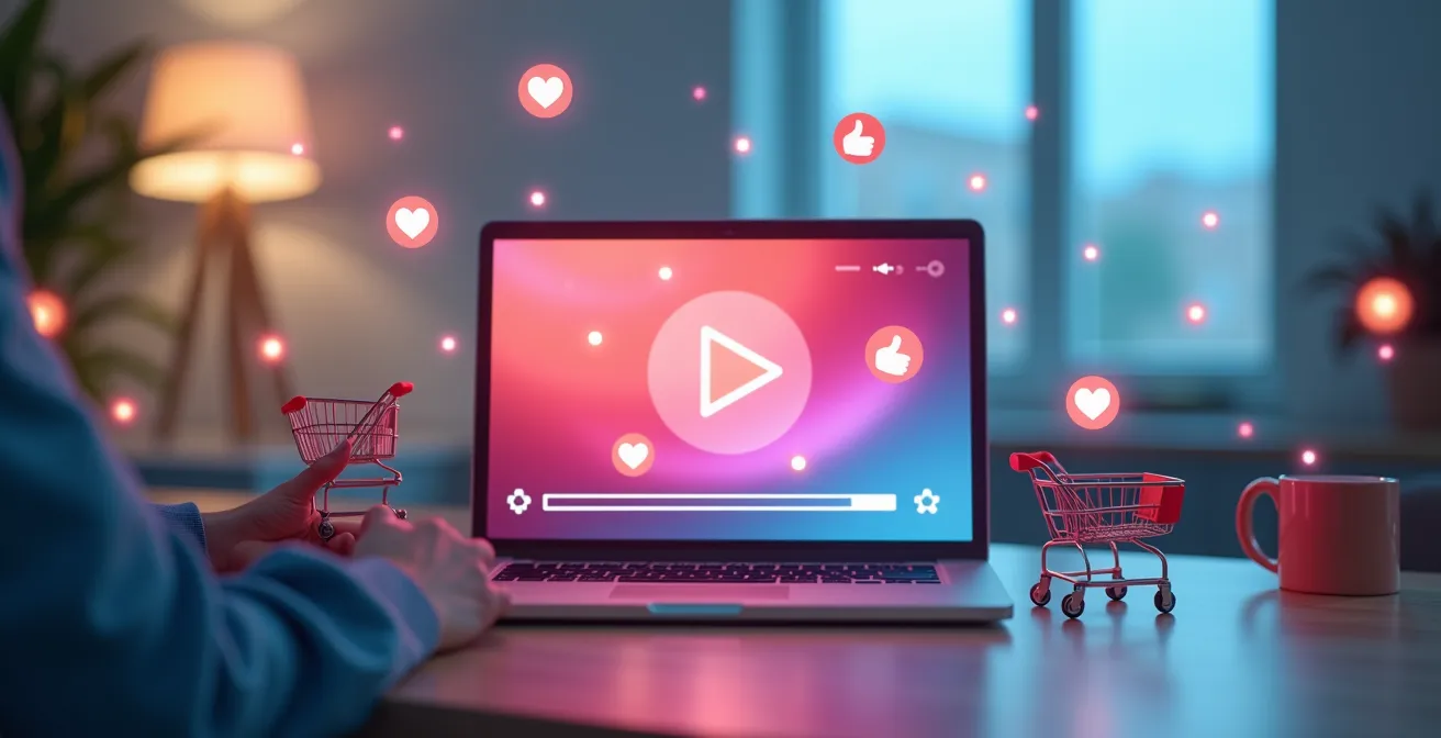 Une interface vidéo moderne avec des éléments interactifs cliquables symbolisant le passage du j'aime au j'achète en un clic