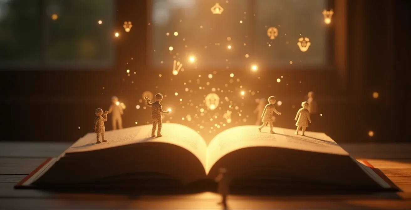 Illustration symbolique représentant une marque racontant son histoire à travers un livre ouvert entouré d’éléments émotionnels et humains