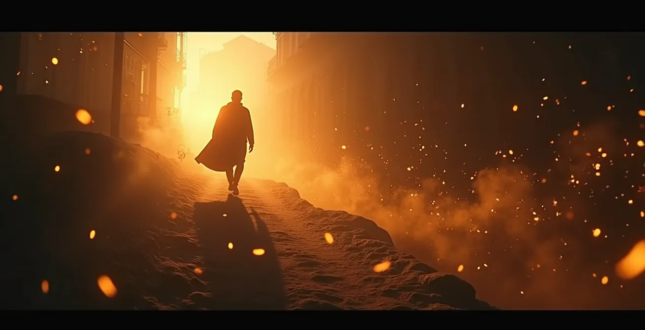 Représentation artistique du parcours du héros en storytelling visuel avec des éléments cinématographiques et émotionnels