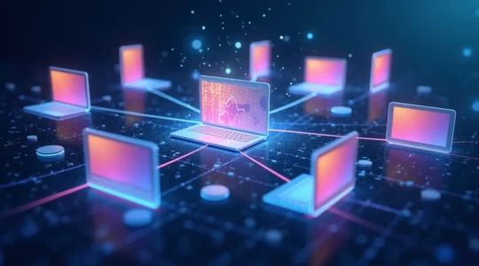Illustration conceptuelle d'une stratégie vidéo multicanale avec des écrans interconnectés diffusant du contenu vers différentes plateformes