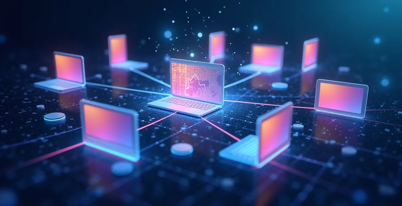 Illustration conceptuelle d'une stratégie vidéo multicanale avec des écrans interconnectés diffusant du contenu vers différentes plateformes