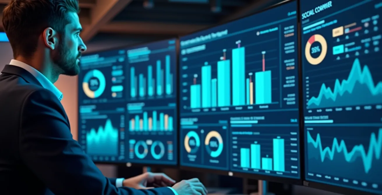 Tableau de bord marketing moderne affichant les KPIs essentiels par canal avec visualisations interactives et métriques clés