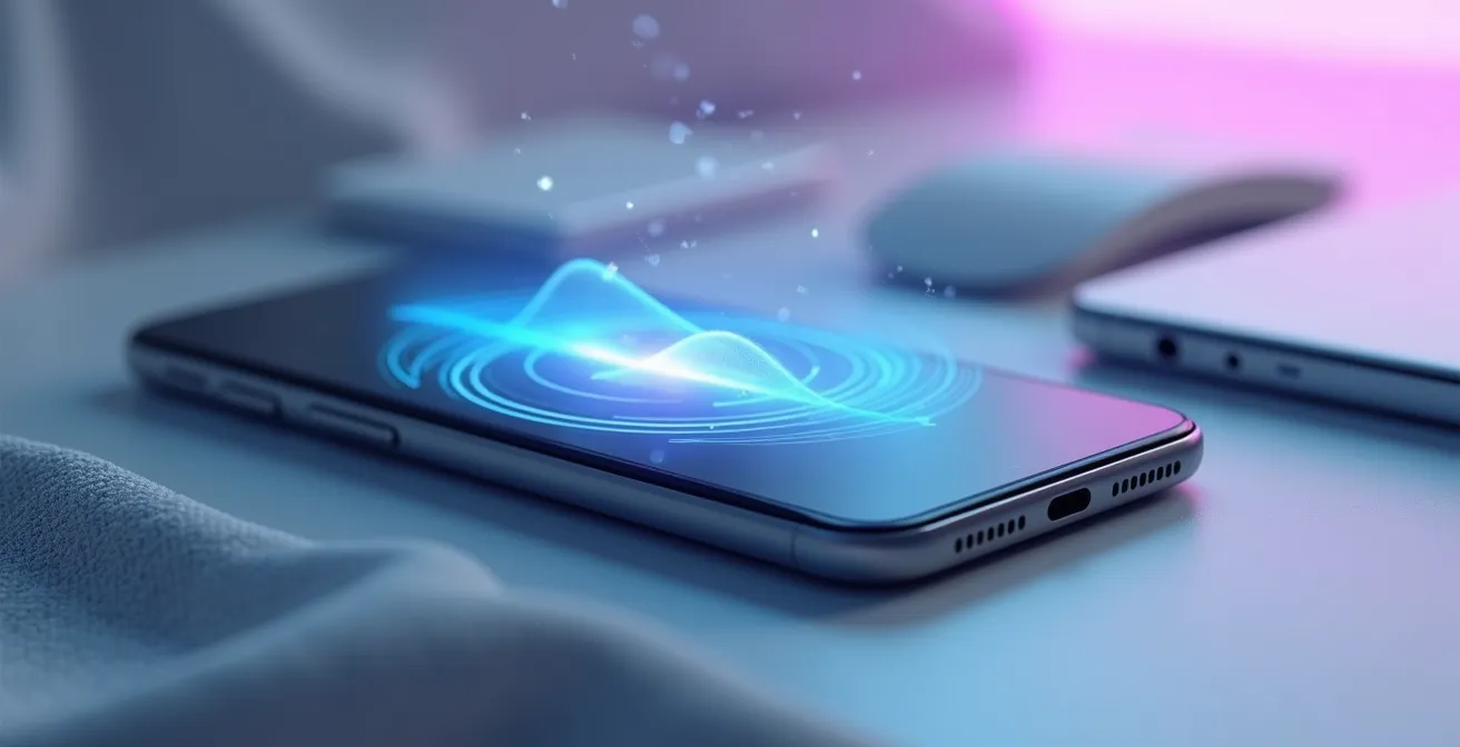 Smartphone moderne avec des ondes vibratoires visualisées au-dessus de l'écran tactile pour représenter la technologie haptique