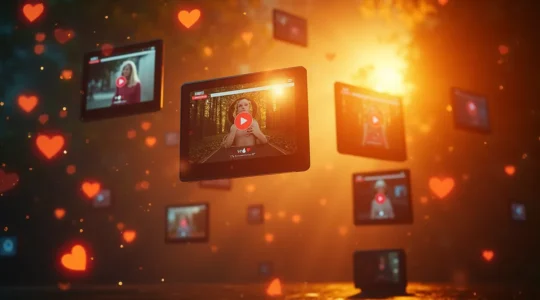 Une représentation visuelle dynamique du marketing vidéo moderne avec des éléments cinématographiques, des écrans et des symboles de conversion