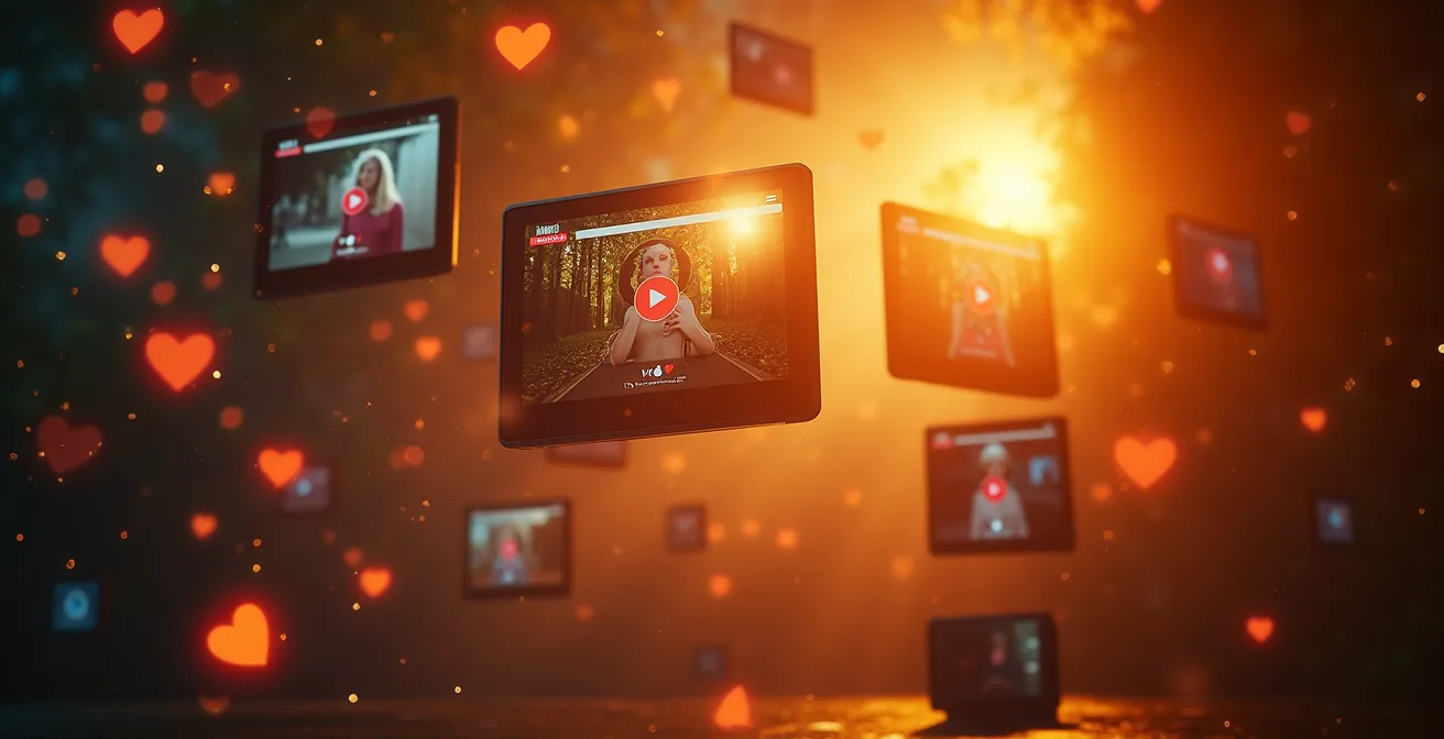 Une représentation visuelle dynamique du marketing vidéo moderne avec des éléments cinématographiques, des écrans et des symboles de conversion