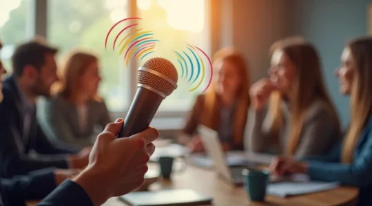 Une photo symbolique montrant un micro moderne tenu par une main en avant-plan avec des ondes sonores colorées qui s'élèvent, sur un arrière-plan flou suggérant des clients satisfaits écoutant un témoignage audio.