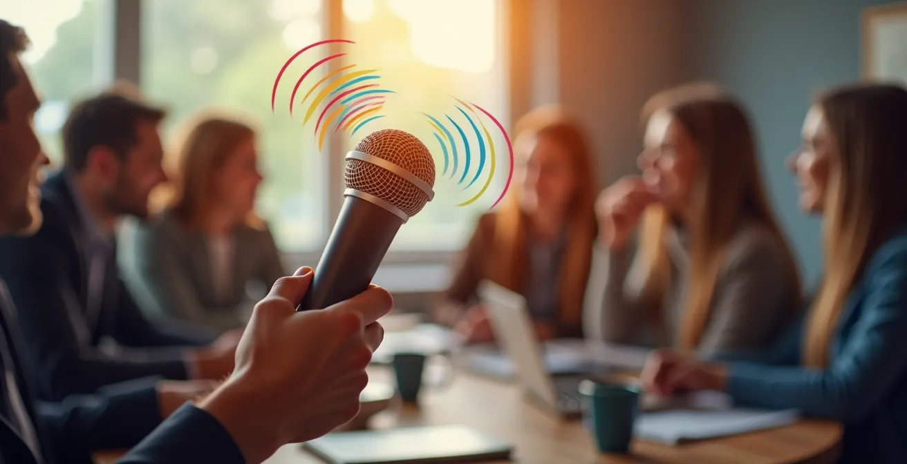 Une photo symbolique montrant un micro moderne tenu par une main en avant-plan avec des ondes sonores colorées qui s'élèvent, sur un arrière-plan flou suggérant des clients satisfaits écoutant un témoignage audio.