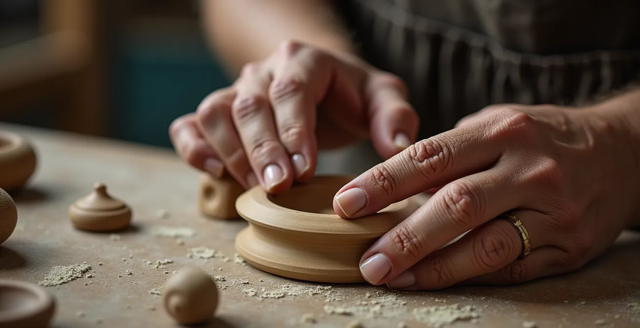 Gros plan macro sur des mains travaillant un produit artisanal avec passion
