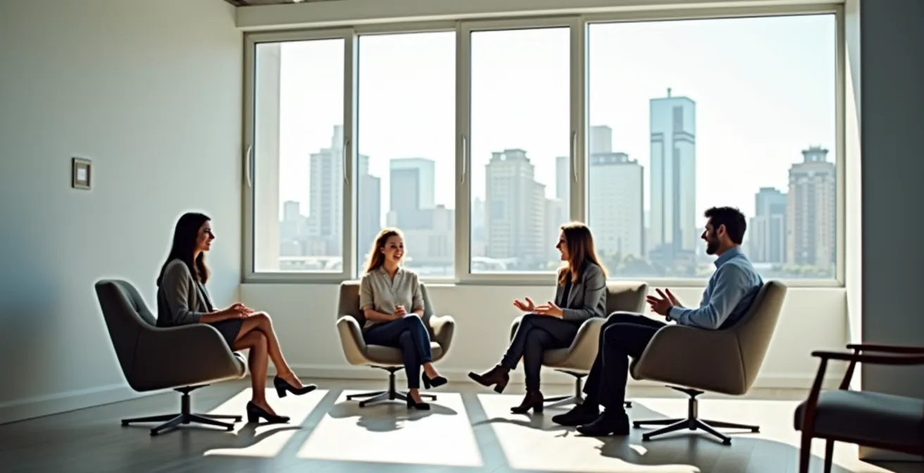 Scène minimaliste d'un espace de travail collaboratif avec des personnes en discussion naturelle