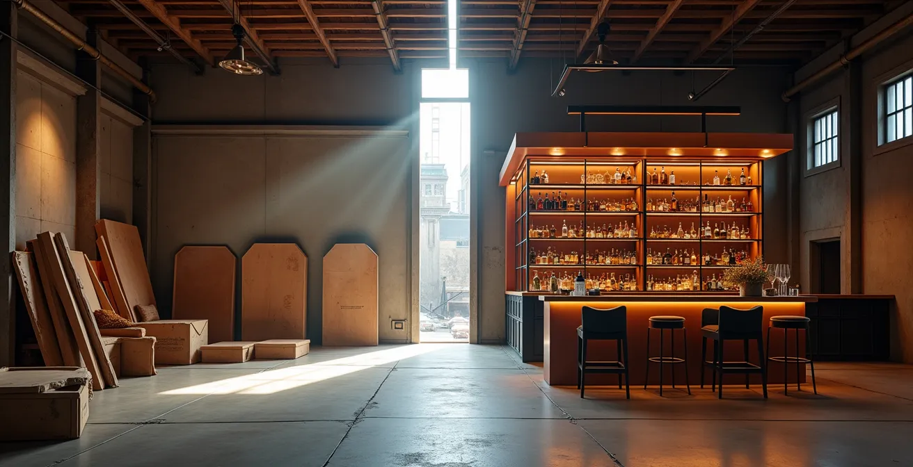 Aménagement intérieur d'un bar éphémère dans un espace industriel avec mobilier modulable