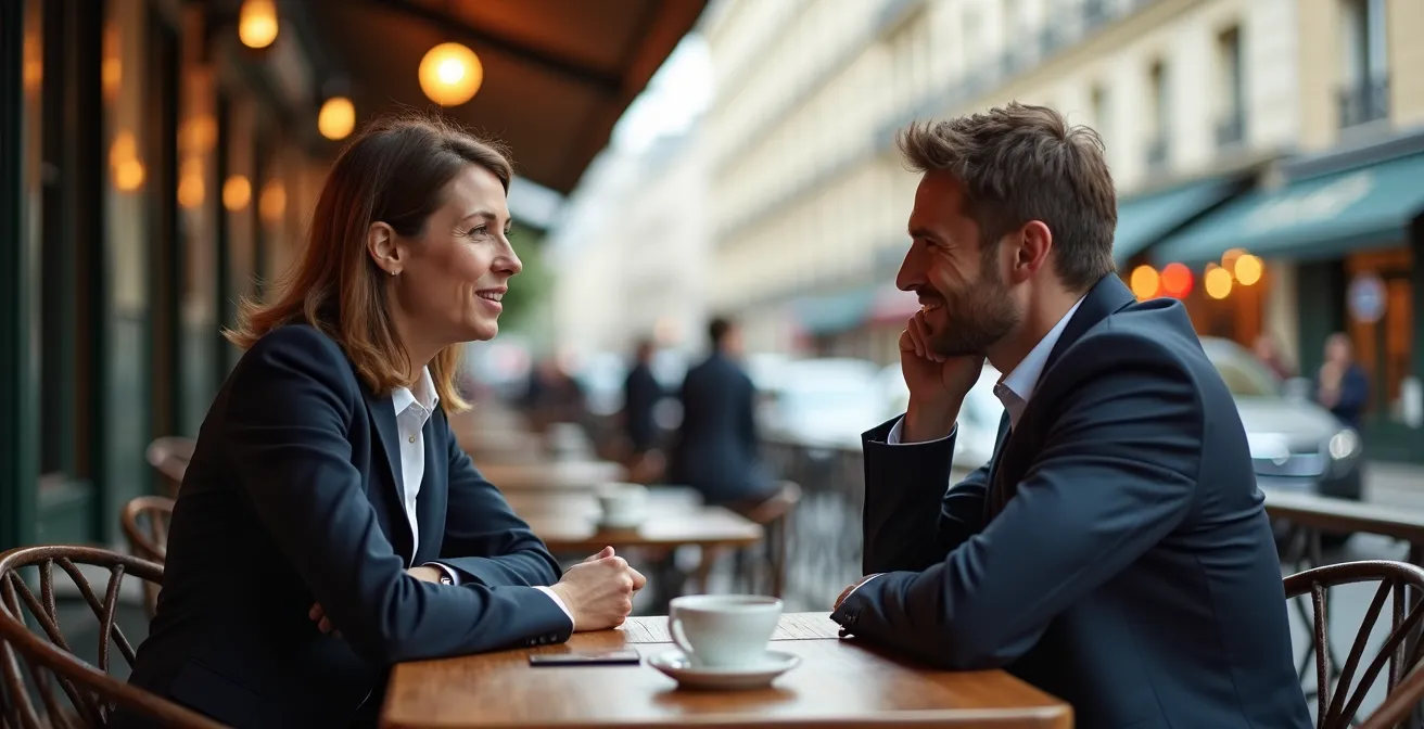 Professionnels en discussion respectueuse dans un cadre élégant parisien