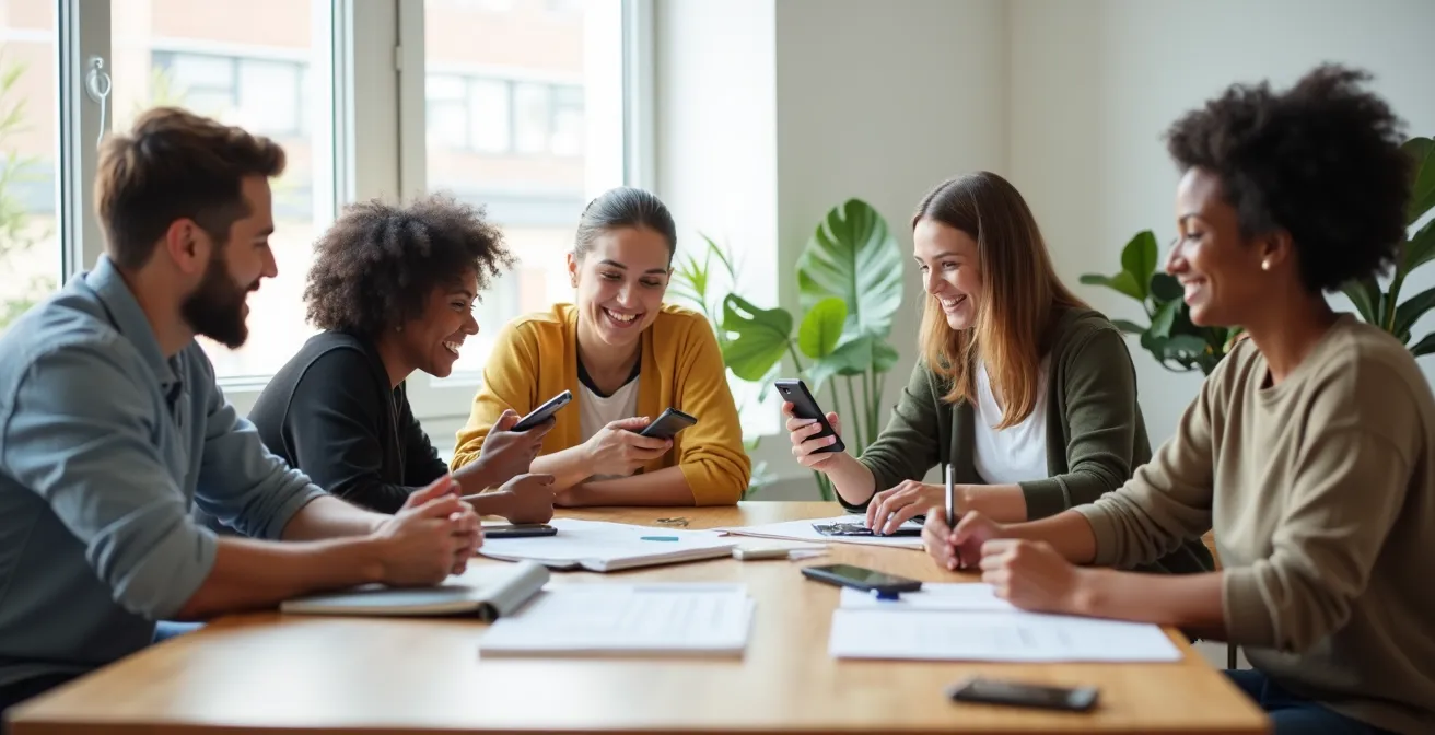 Groupe de clients participant à un atelier de création vidéo dans un espace moderne
