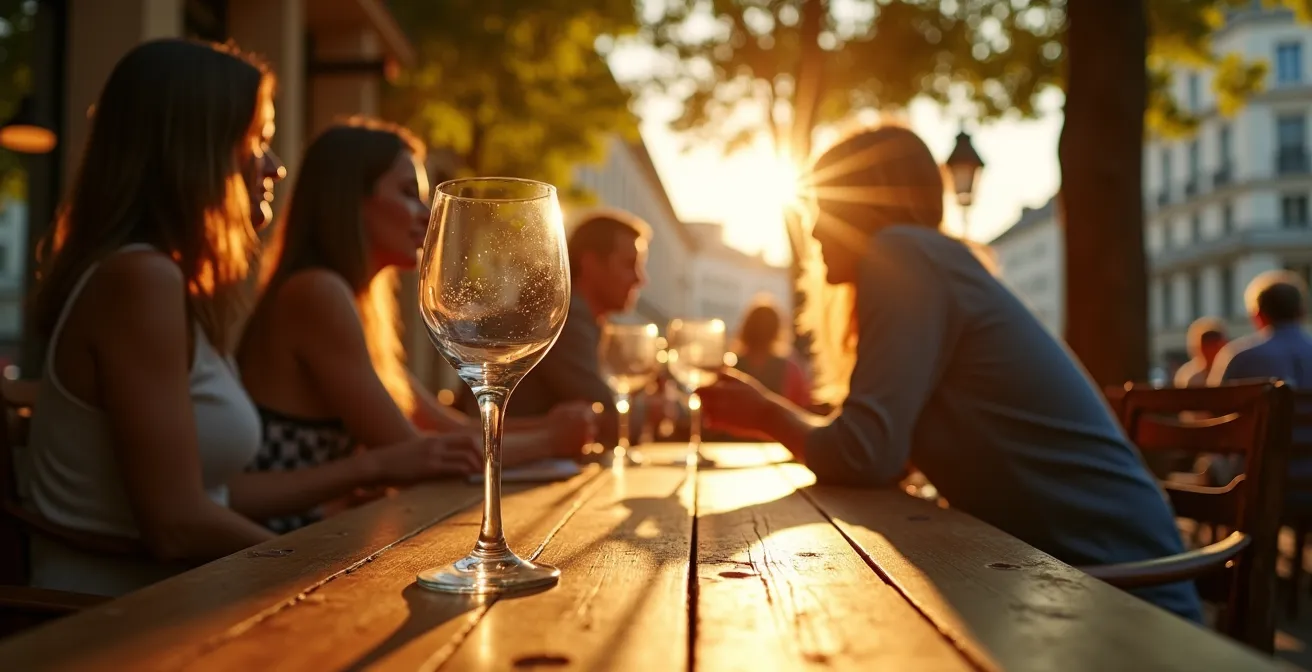 Scène de joie collective sur une terrasse de café français ensoleillée