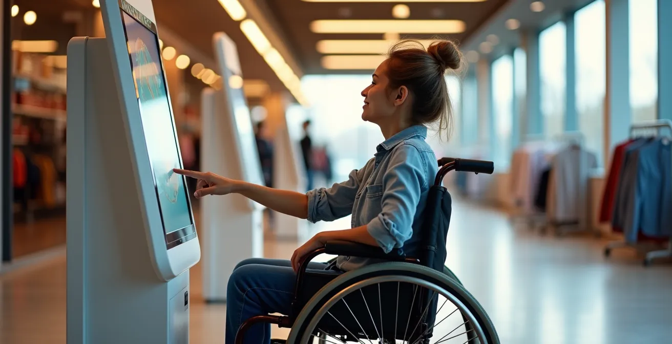 Vue d'ensemble d'une borne interactive accessible avec une personne en fauteuil roulant l'utilisant confortablement