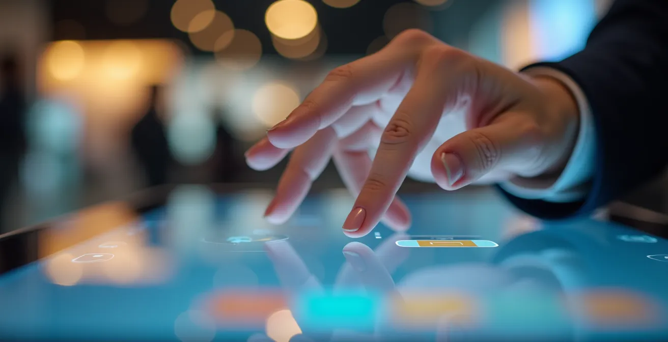 Gros plan sur une main naviguant sur l'interface d'une borne de catalogue étendu dans un magasin français