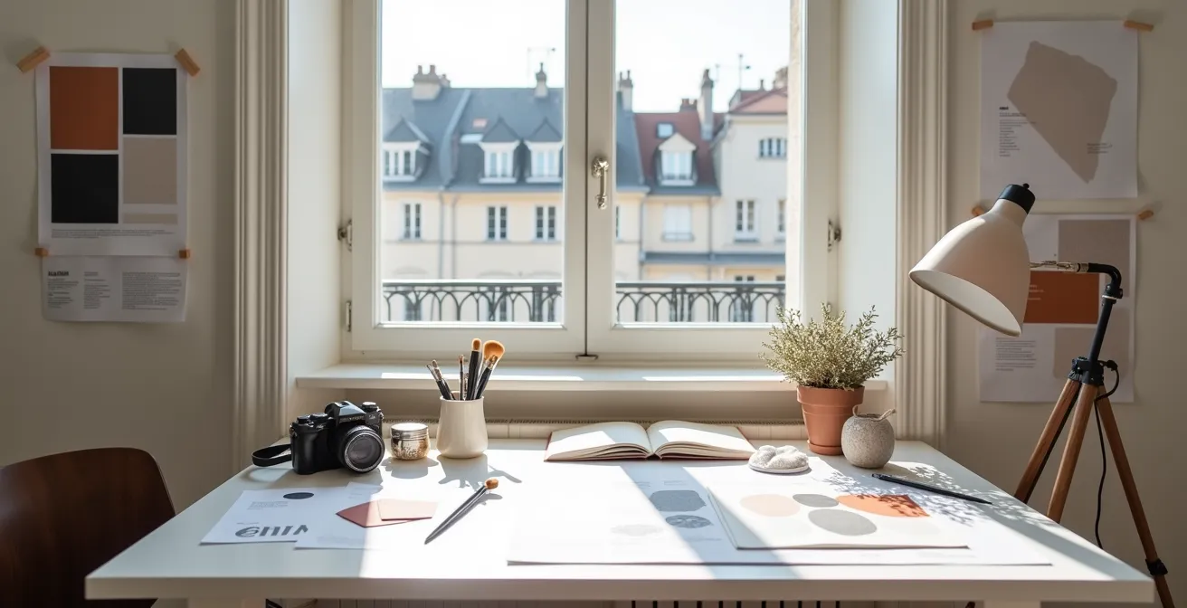 Espace de travail minimaliste avec documents de brief créatif et matériel de création de contenu
