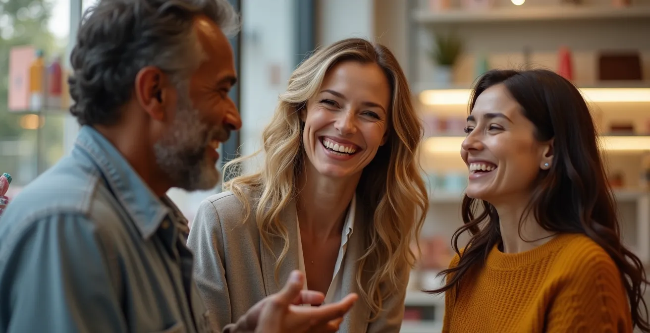 Groupe de consommateurs partageant un moment de rire authentique dans un environnement commercial