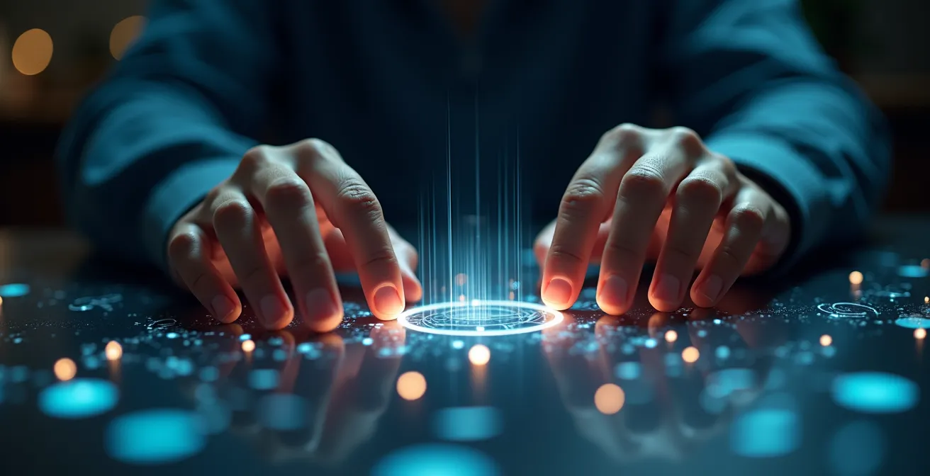 Mains manipulant une interface holographique avec ondes sonores abstraites