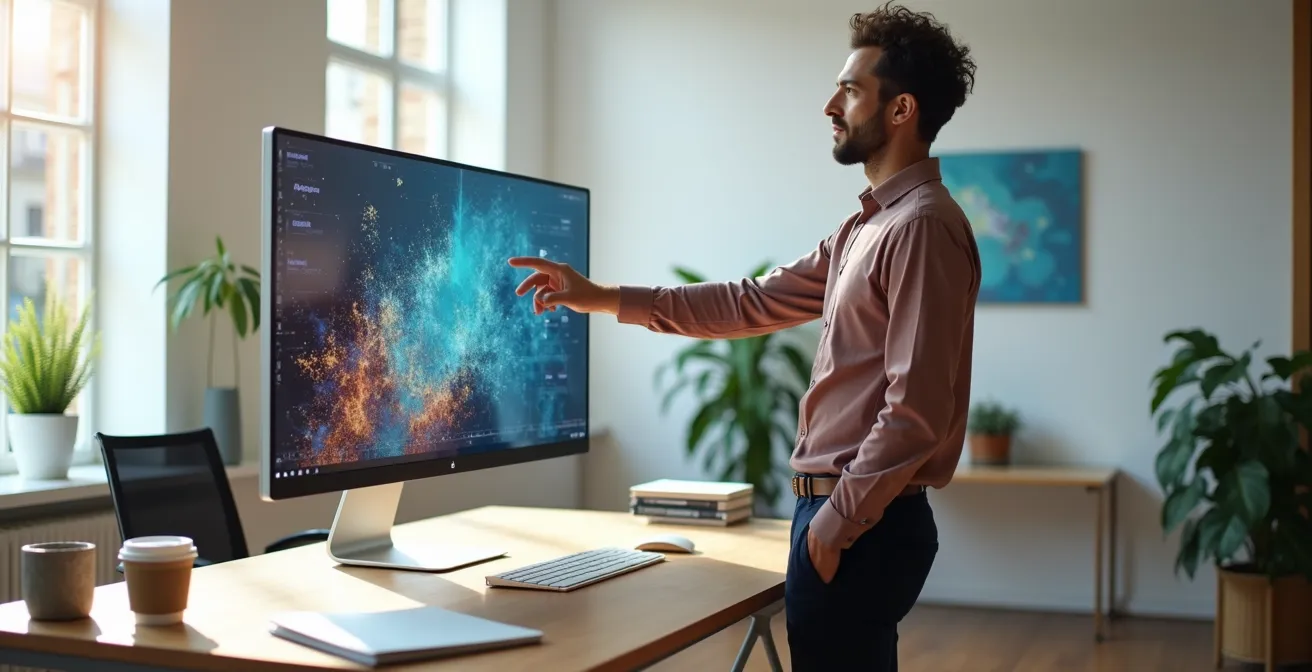 Professionnel créant du contenu sur ordinateur dans un bureau français