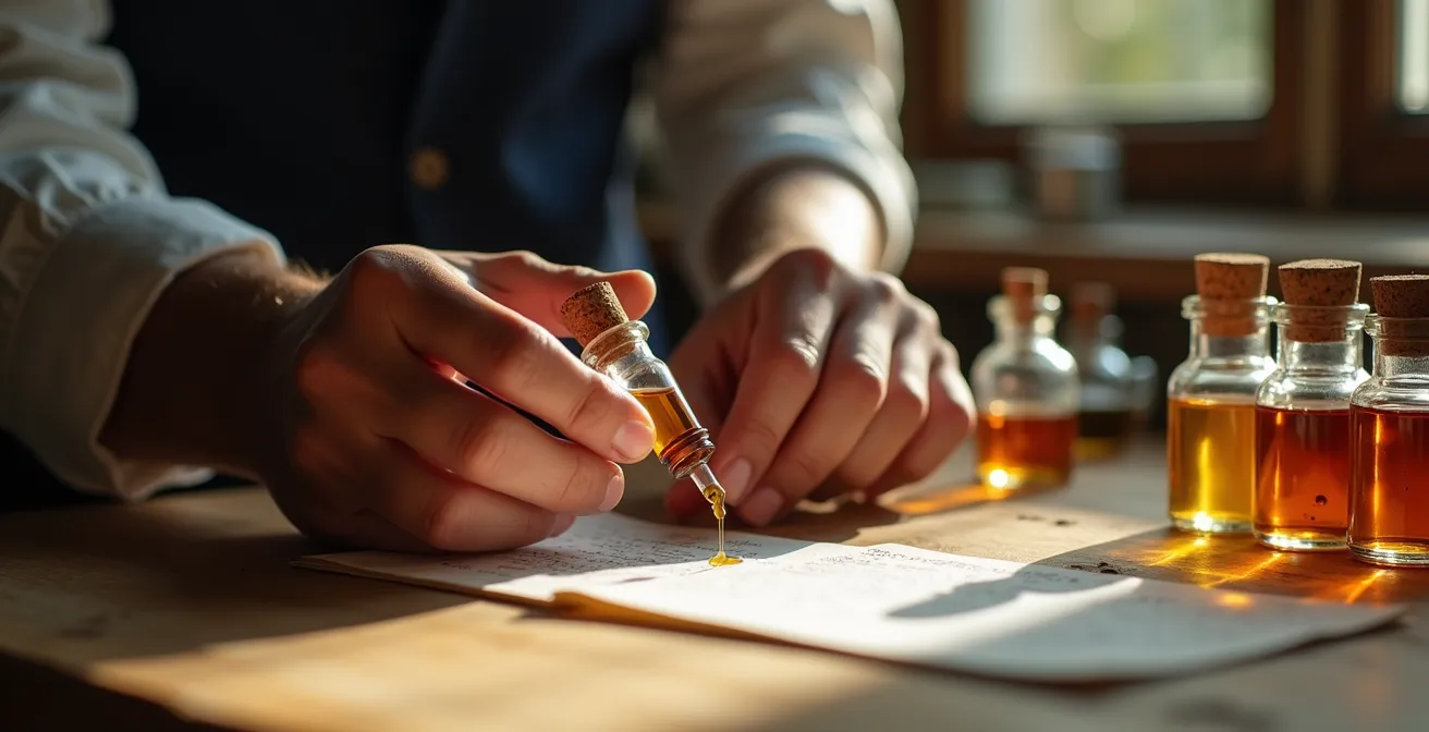 Un nez professionnel de Grasse travaillant sur la création d'une fragrance signature dans son atelier