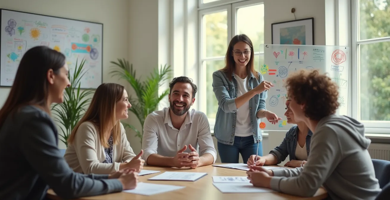 Équipe diverse et engagée en réunion collaborative dans un espace de travail moderne, symbolisant une culture d'entreprise forte.