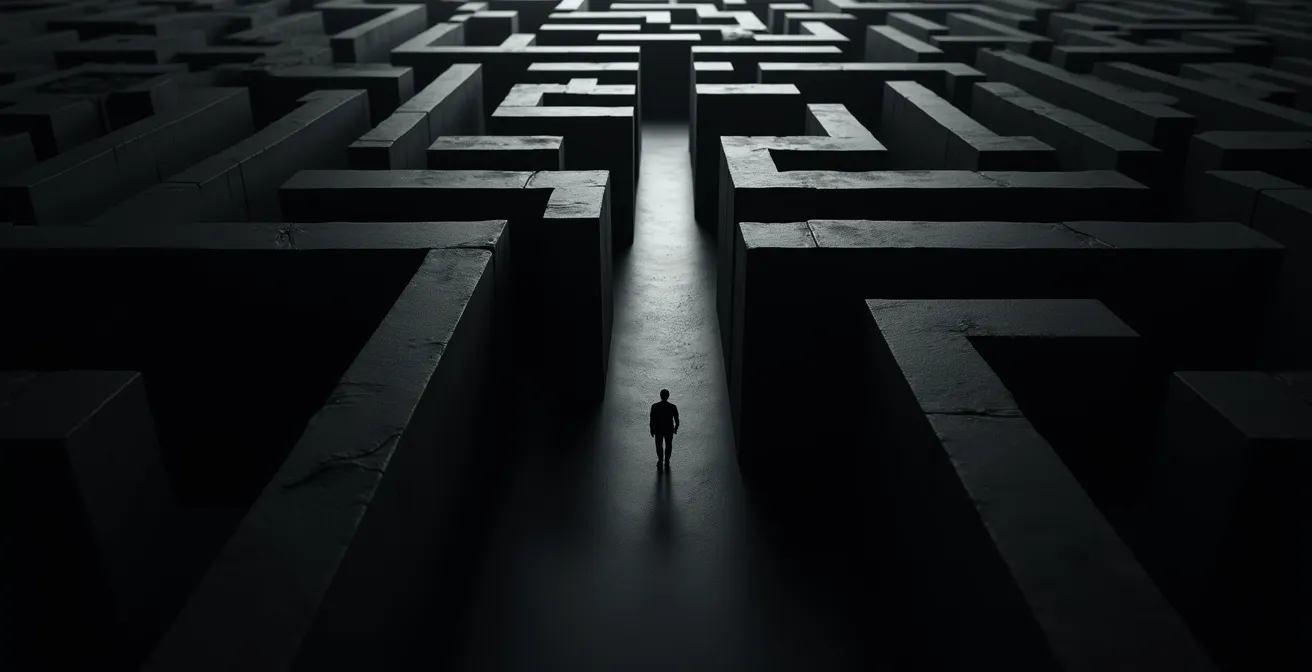 Labyrinthe sombre avec chemins trompeurs et impasses symbolisant les dark patterns