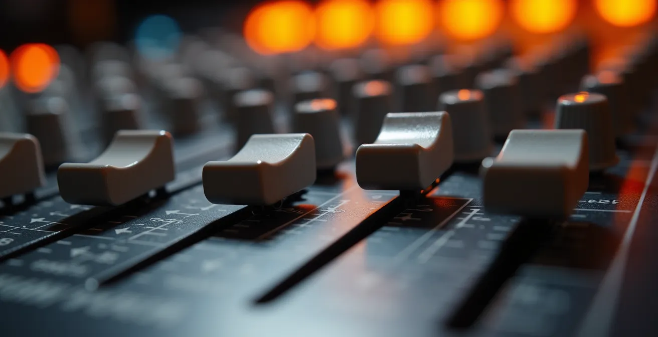 Studio d'enregistrement moderne avec équipement audio professionnel en macro