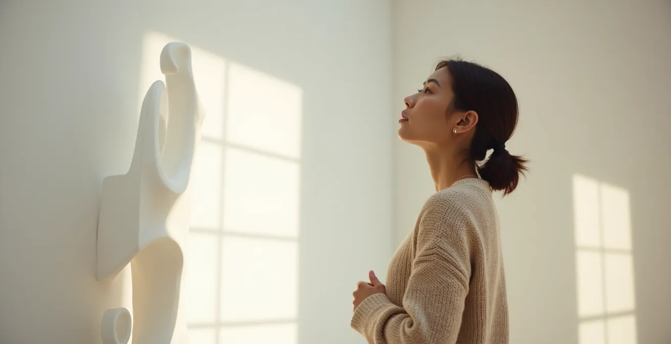 Silhouette humaine contemplant un espace minimaliste avec jeu subtil d'ombres et de lumières